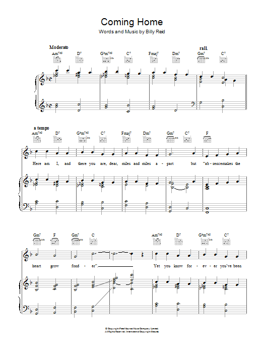 Download Billy Reid Coming Home Sheet Music and learn how to play Piano, Vocal & Guitar (Right-Hand Melody) PDF digital score in minutes