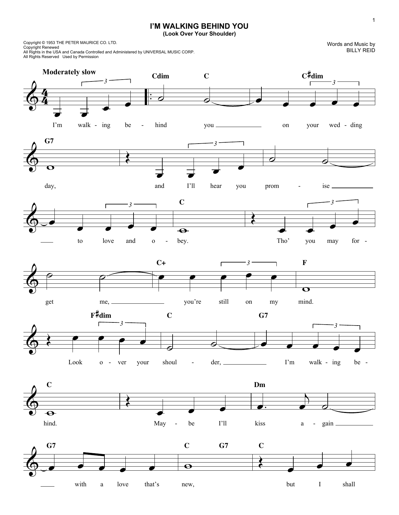 Download Billy Reid I'm Walking Behind You (Look Over Your Shoulder) Sheet Music and learn how to play Melody Line, Lyrics & Chords PDF digital score in minutes