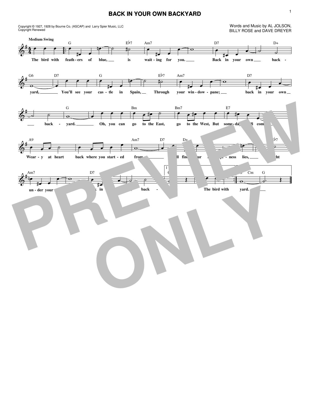 Download Billy Rose Back In Your Own Backyard Sheet Music and learn how to play Piano, Vocal & Guitar (Right-Hand Melody) PDF digital score in minutes