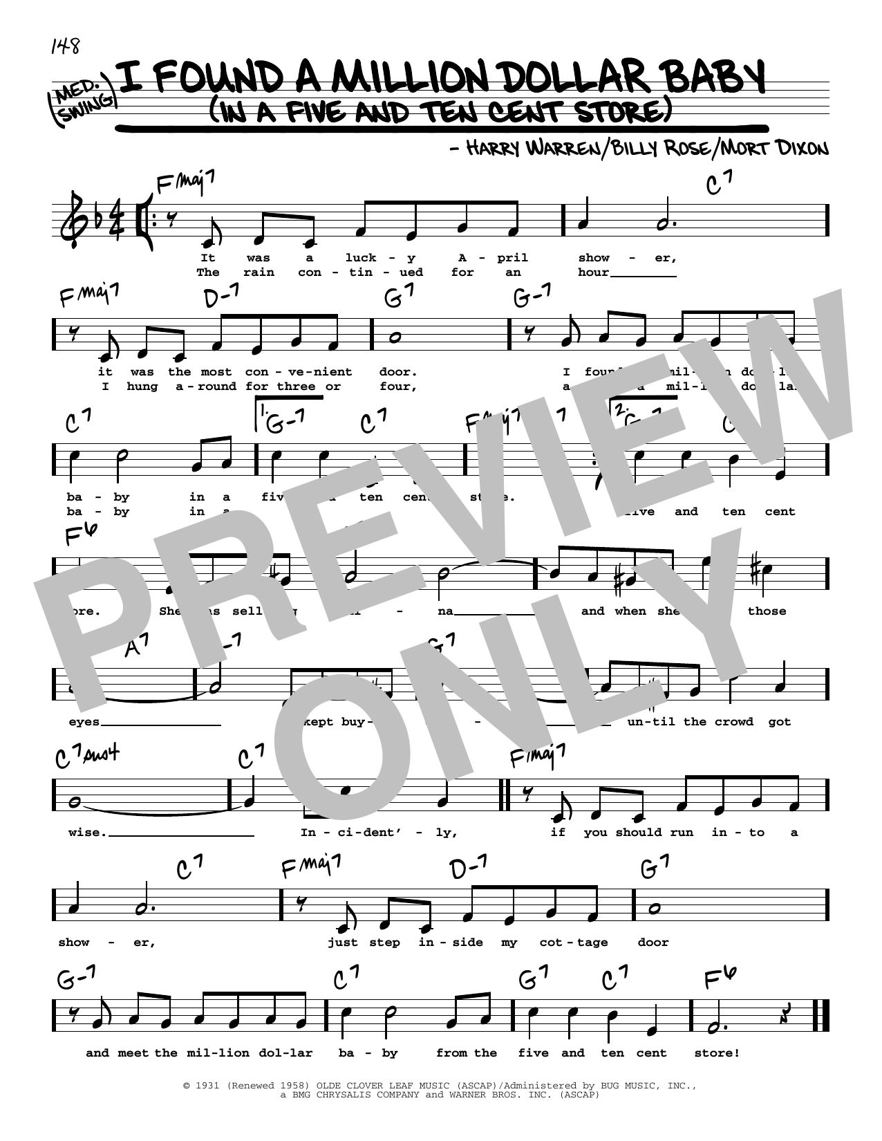 Download Billy Rose I Found A Million Dollar Baby (In A Five And Ten Cent Store) (High Voice) (from Sheet Music and learn how to play Real Book – Melody, Lyrics & Chords PDF digital score in minutes