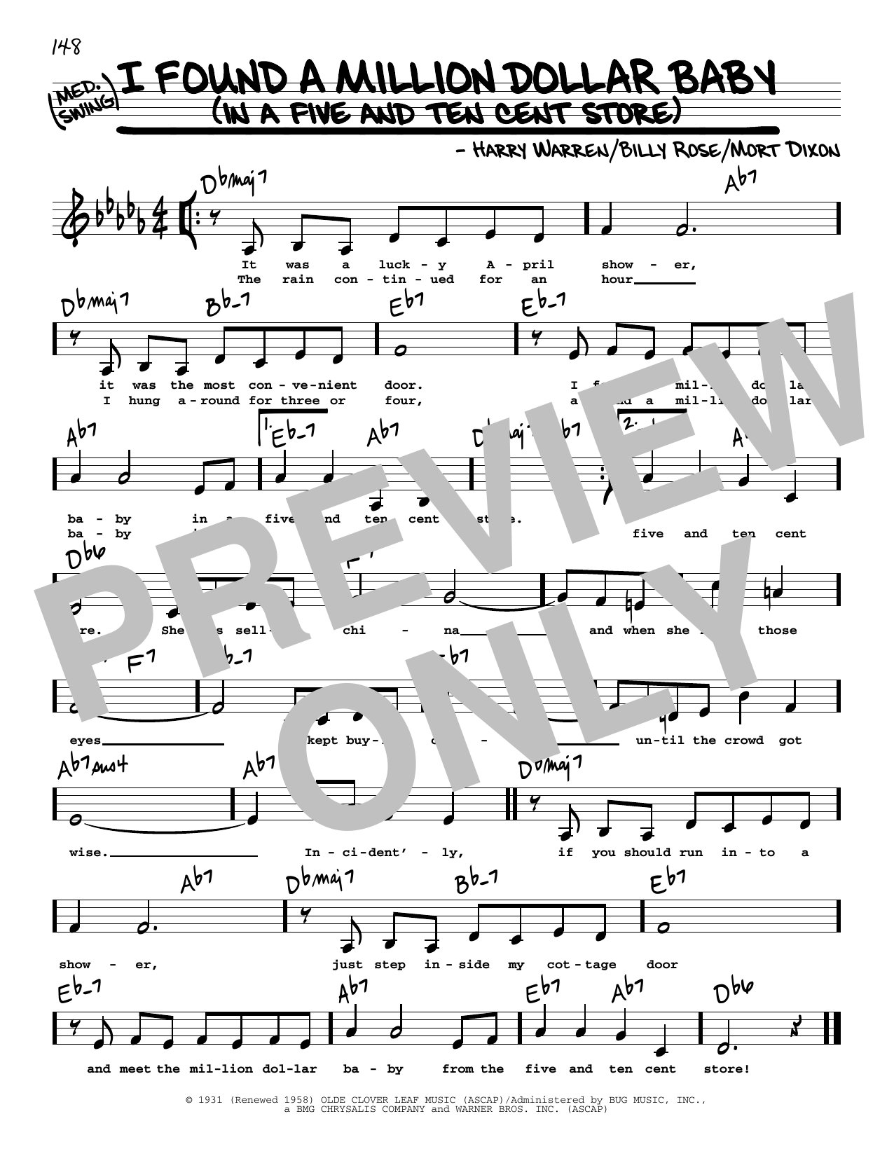 Download Billy Rose I Found A Million Dollar Baby (In A Five And Ten Cent Store) (Low Voice) Sheet Music and learn how to play Real Book – Melody, Lyrics & Chords PDF digital score in minutes