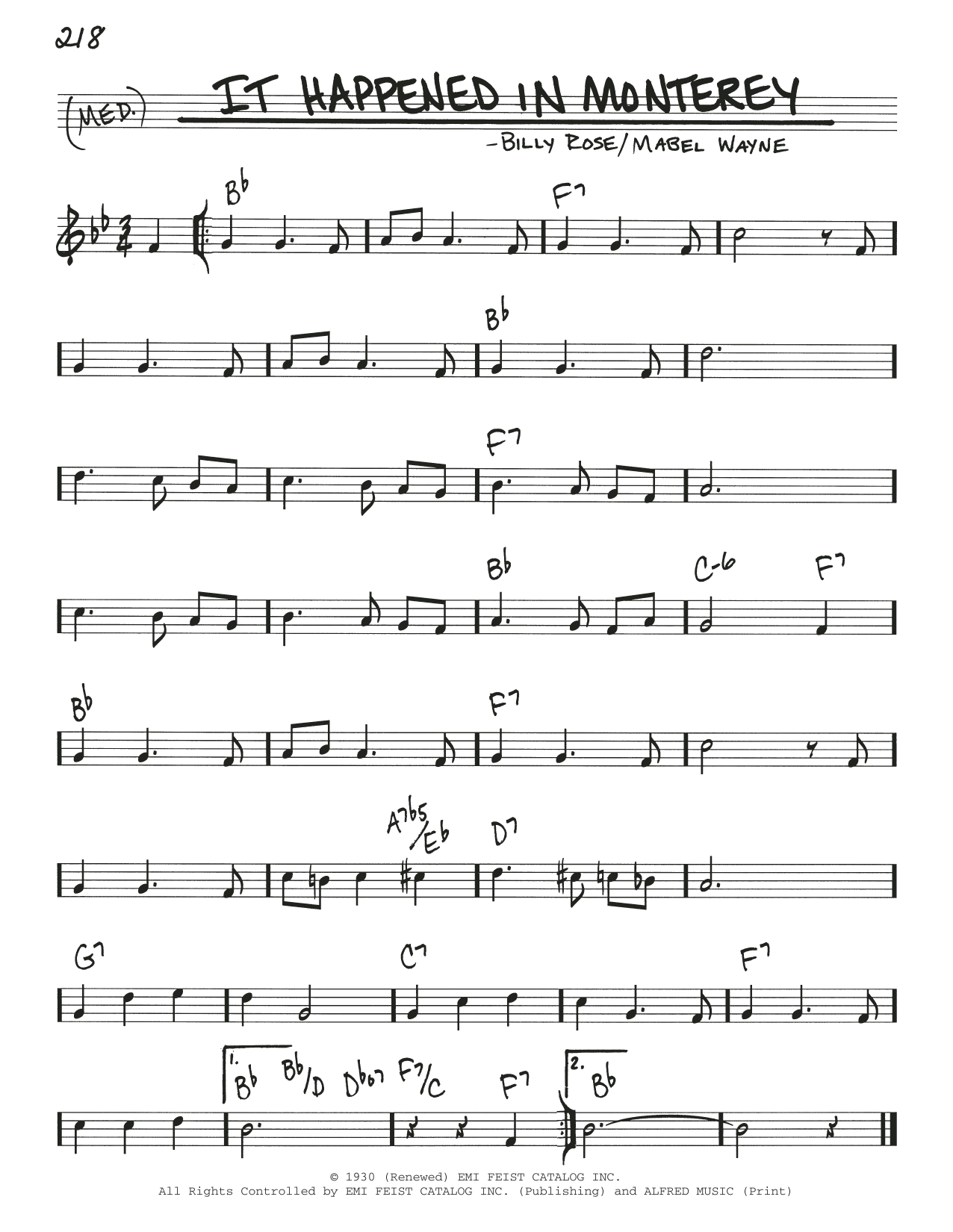 Download Billy Rose It Happened In Monterey Sheet Music and learn how to play Real Book – Melody & Chords PDF digital score in minutes