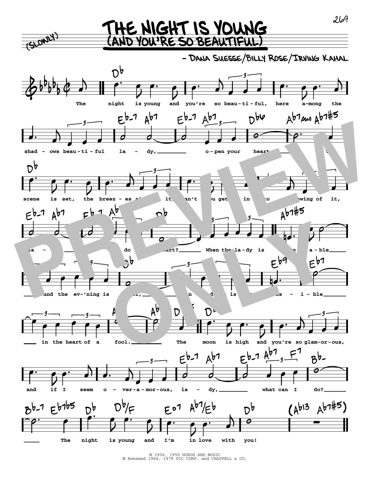 Download Billy Rose The Night Is Young (And You're So Beautiful) (High Voice) Sheet Music and learn how to play Real Book – Melody, Lyrics & Chords PDF digital score in minutes