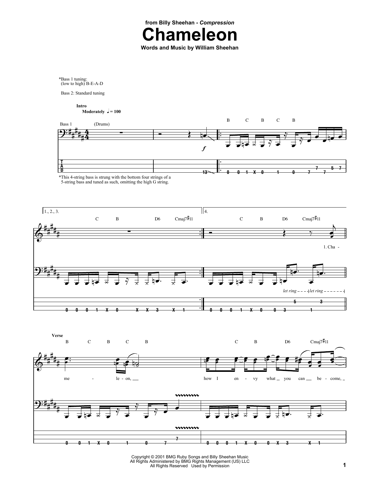 Download Billy Sheehan Chameleon Sheet Music and learn how to play Bass Guitar Tab PDF digital score in minutes