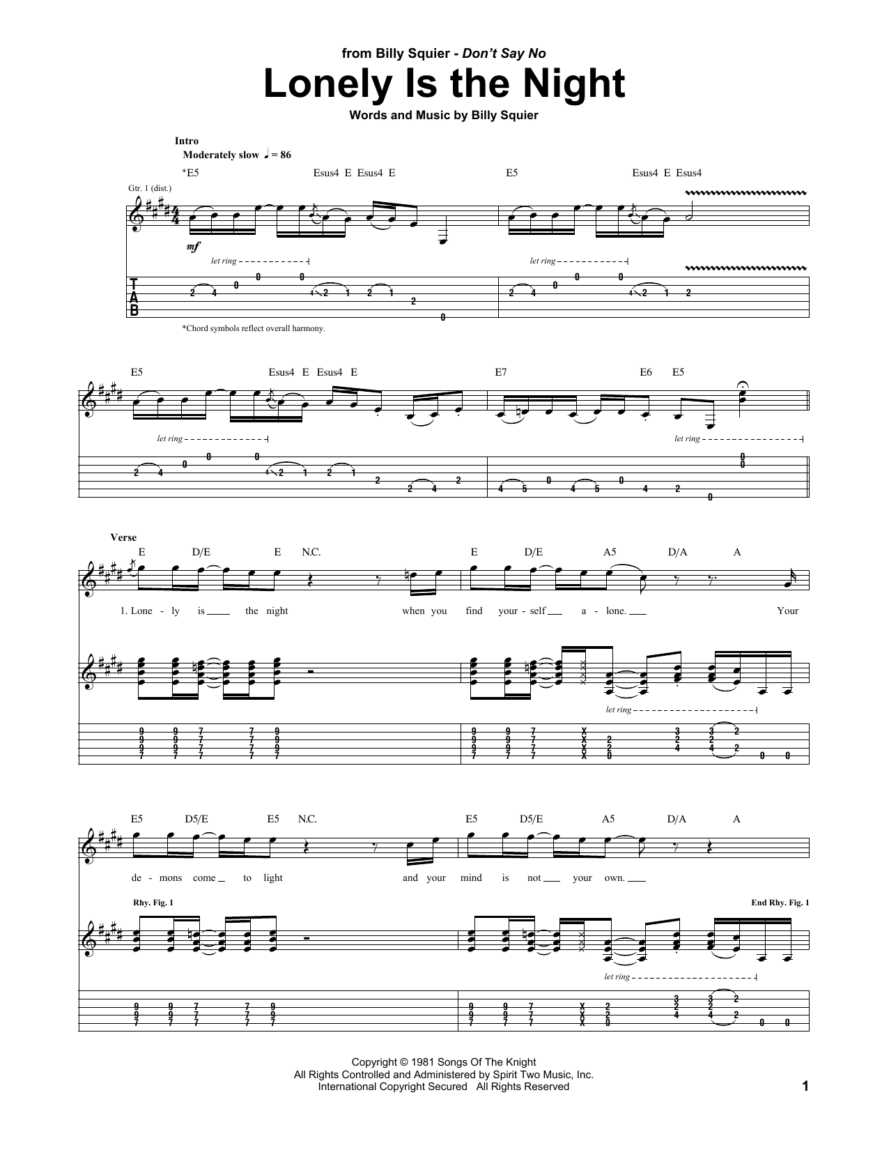 Download Billy Squier Lonely Is The Night Sheet Music and learn how to play Guitar Tab PDF digital score in minutes