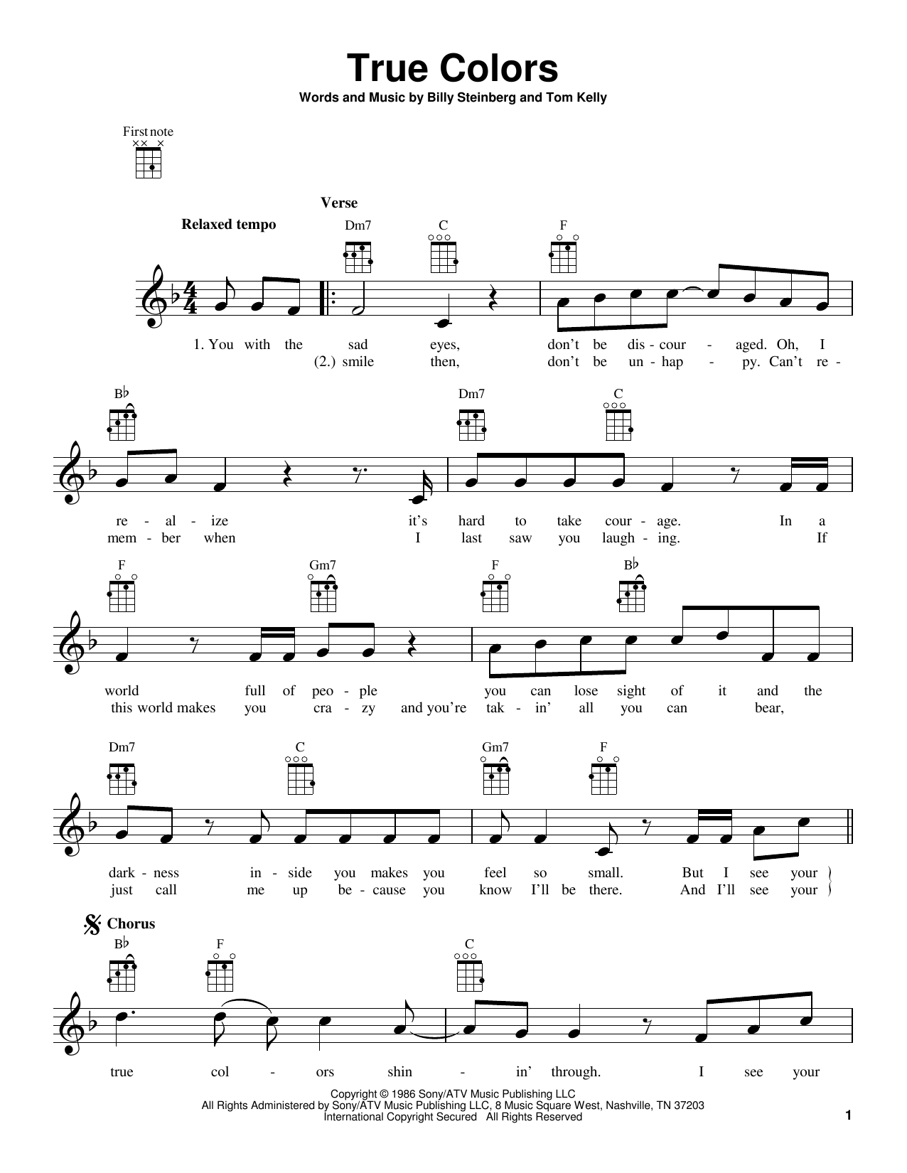 Download Cyndi Lauper True Colors Sheet Music and learn how to play Ukulele PDF digital score in minutes