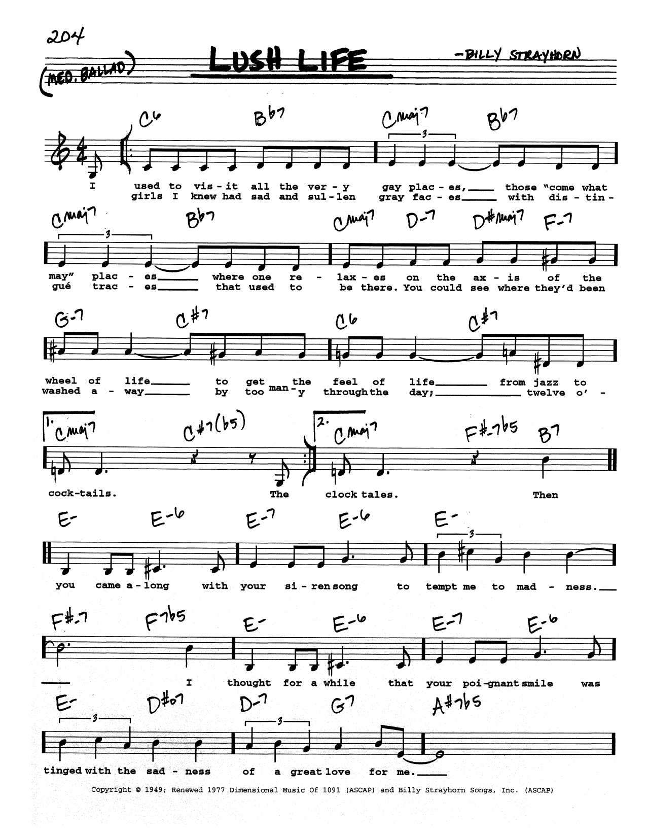 Download Billy Strayhorn Lush Life (Low Voice) Sheet Music and learn how to play Real Book – Melody, Lyrics & Chords PDF digital score in minutes