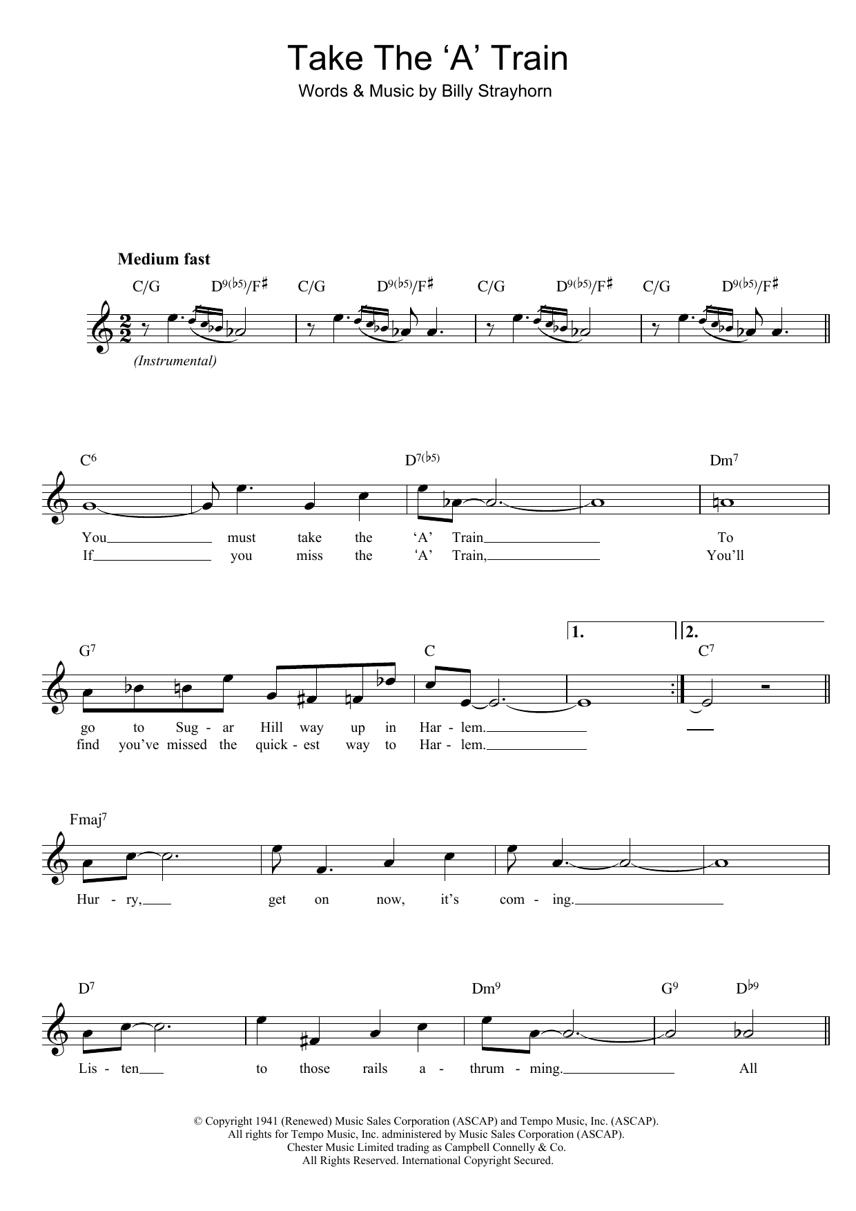 Download Billy Strayhorn Take The 'A' Train Sheet Music and learn how to play Lead Sheet / Fake Book PDF digital score in minutes