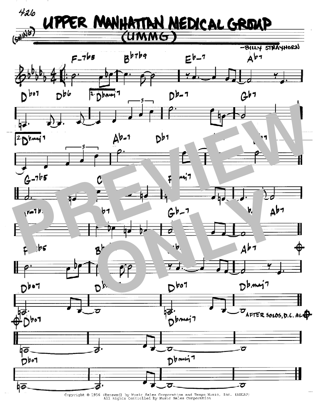 Download Billy Strayhorn Upper Manhattan Medical Group (UMMG) Sheet Music and learn how to play Real Book - Melody & Chords - Bass Clef Instruments PDF digital score in minutes