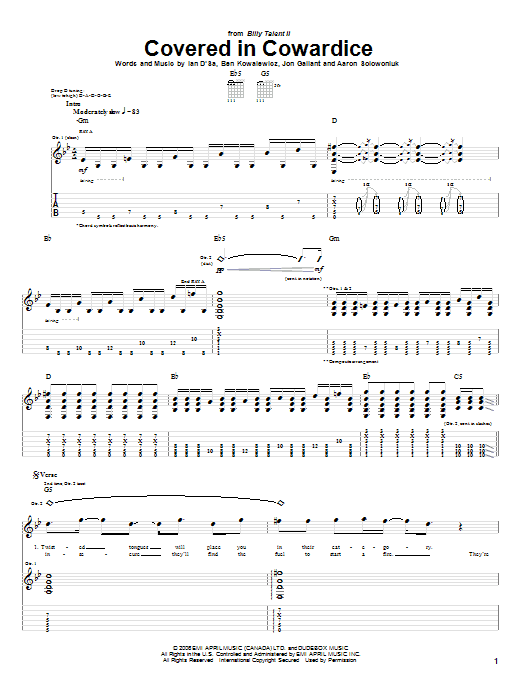 Download Billy Talent Covered In Cowardice Sheet Music and learn how to play Guitar Tab PDF digital score in minutes