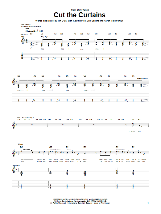 Download Billy Talent Cut The Curtains Sheet Music and learn how to play Guitar Tab PDF digital score in minutes