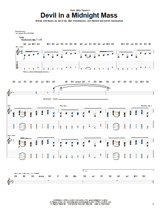 Download Billy Talent Devil In A Midnight Mass Sheet Music and learn how to play Guitar Tab PDF digital score in minutes