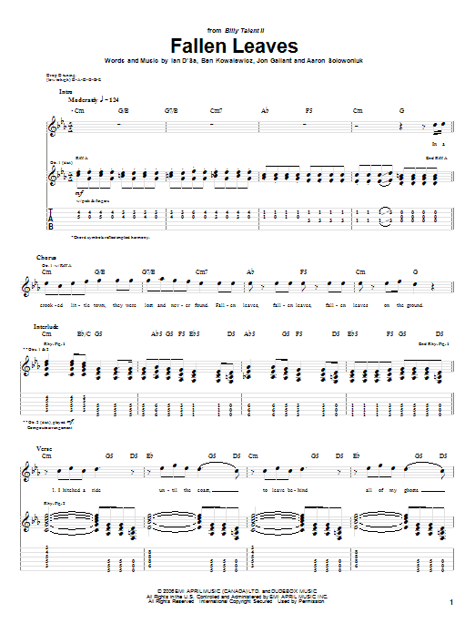 Download Billy Talent Fallen Leaves Sheet Music and learn how to play Guitar Tab PDF digital score in minutes