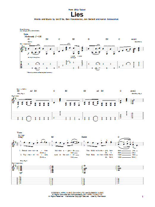 Download Billy Talent Lies Sheet Music and learn how to play Guitar Tab PDF digital score in minutes