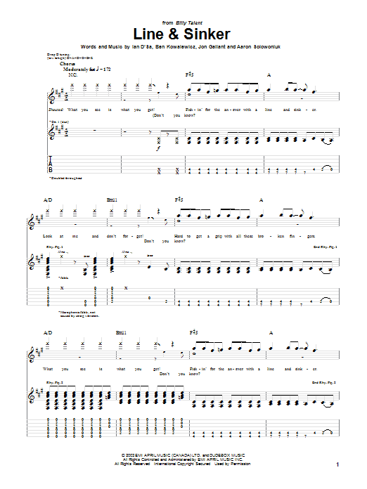 Download Billy Talent Line & Sinker Sheet Music and learn how to play Guitar Tab PDF digital score in minutes