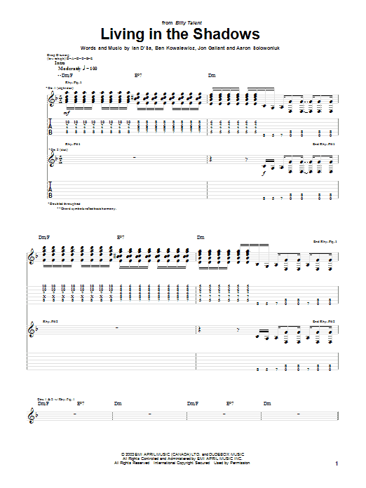 Download Billy Talent Living In The Shadows Sheet Music and learn how to play Guitar Tab PDF digital score in minutes