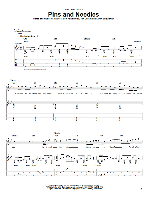 Download Billy Talent Pins And Needles Sheet Music and learn how to play Guitar Tab PDF digital score in minutes