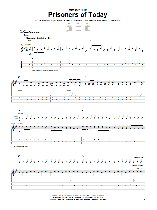 Download Billy Talent Prisoners Of Today Sheet Music and learn how to play Guitar Tab PDF digital score in minutes