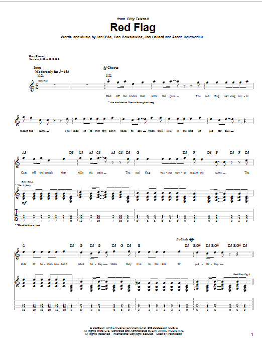 Download Billy Talent Red Flag Sheet Music and learn how to play Guitar Tab PDF digital score in minutes