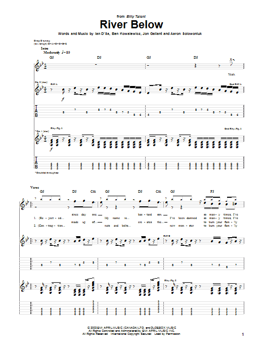 Download Billy Talent River Below Sheet Music and learn how to play Guitar Tab PDF digital score in minutes