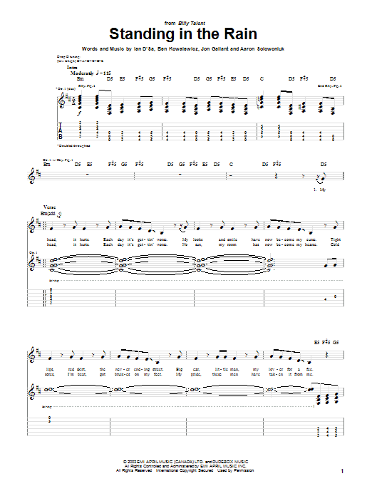 Download Billy Talent Standing In The Rain Sheet Music and learn how to play Guitar Tab PDF digital score in minutes