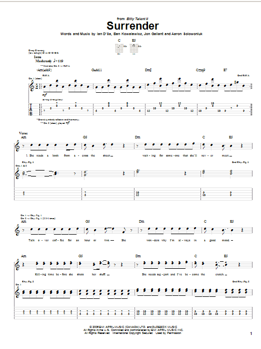 Download Billy Talent Surrender Sheet Music and learn how to play Guitar Tab PDF digital score in minutes