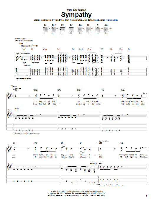 Download Billy Talent Sympathy Sheet Music and learn how to play Guitar Tab PDF digital score in minutes