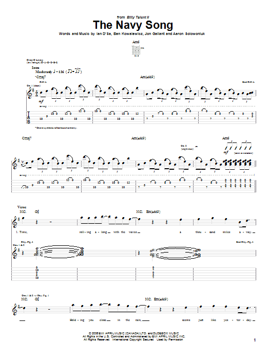 Download Billy Talent The Navy Song Sheet Music and learn how to play Guitar Tab PDF digital score in minutes