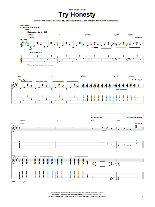 Download Billy Talent Try Honesty Sheet Music and learn how to play Guitar Tab PDF digital score in minutes
