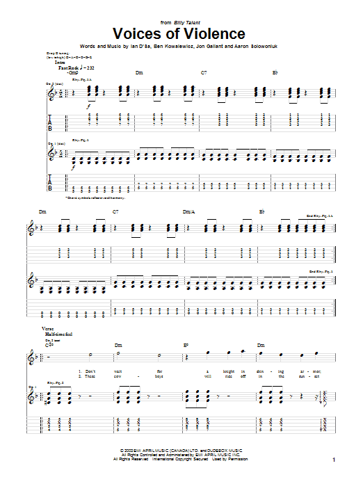 Download Billy Talent Voices Of Violence Sheet Music and learn how to play Guitar Tab PDF digital score in minutes