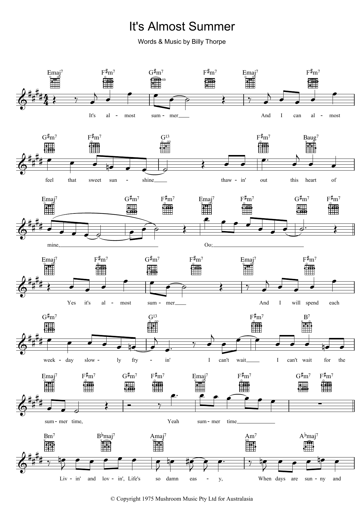 Download Billy Thorpe It's Almost Summer Sheet Music and learn how to play Melody Line, Lyrics & Chords PDF digital score in minutes