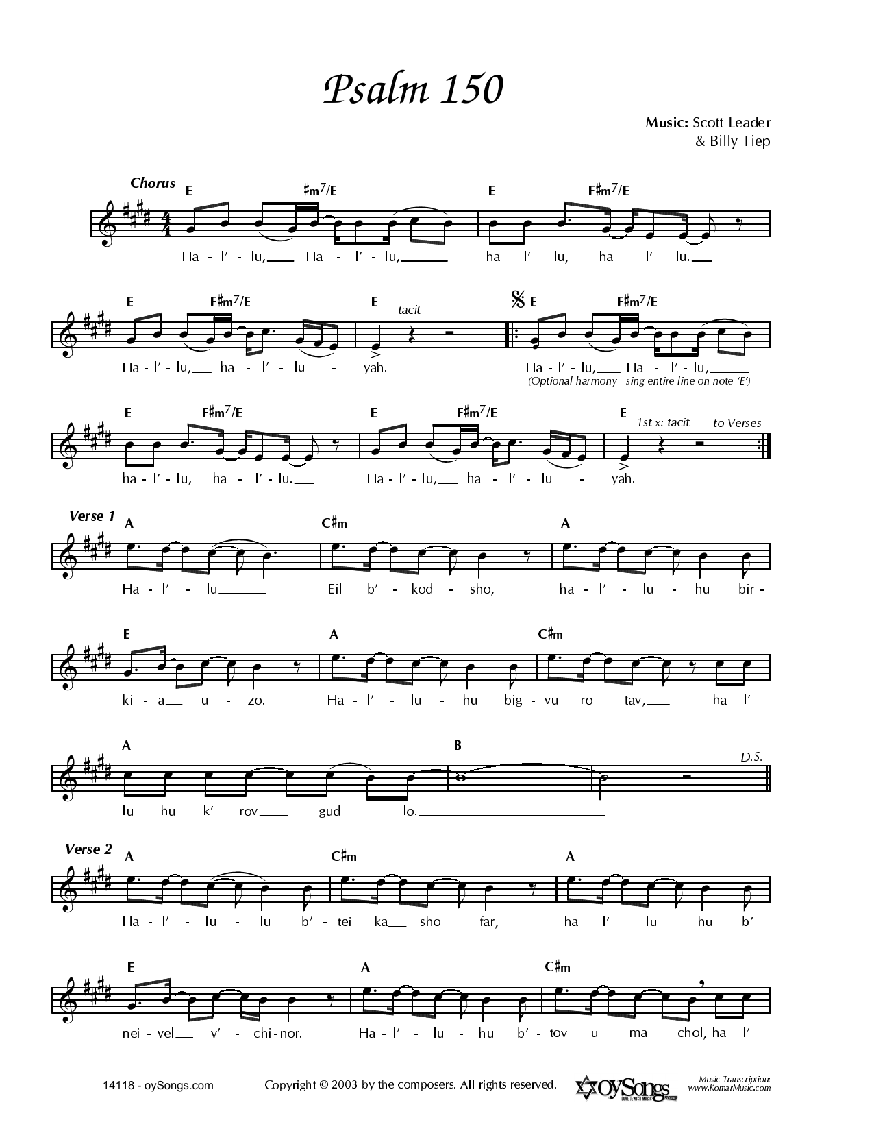 Download Billy Tiep Psalm 150 Sheet Music and learn how to play Melody Line, Lyrics & Chords PDF digital score in minutes