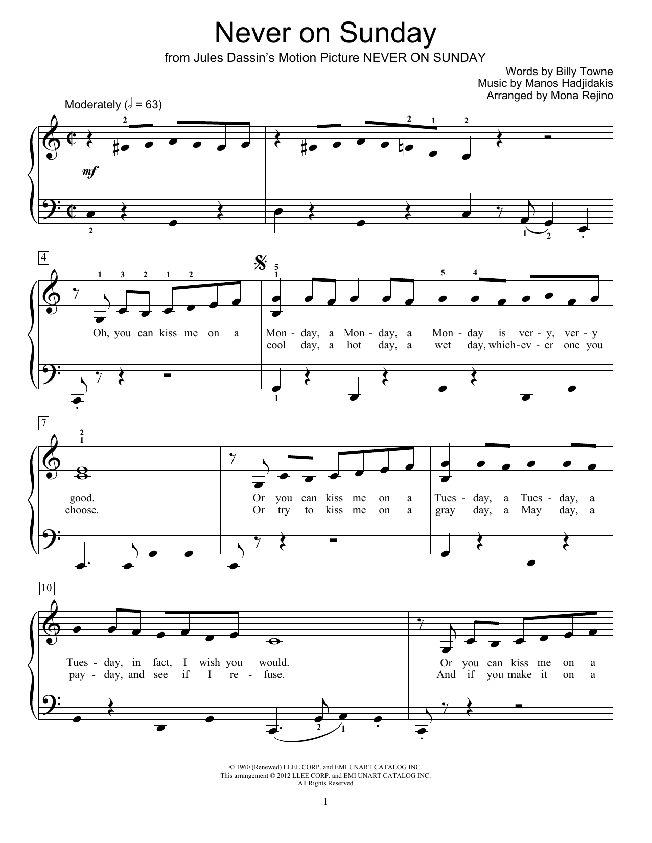 Download Billy Towne Never On Sunday Sheet Music and learn how to play Educational Piano PDF digital score in minutes