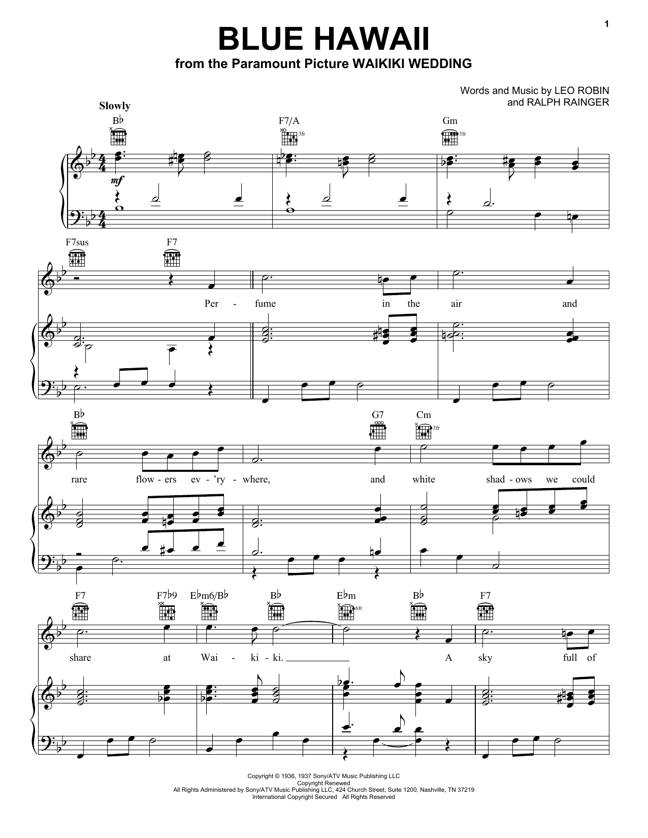 Download Billy Vaughn Blue Hawaii Sheet Music and learn how to play Piano, Vocal & Guitar (Right-Hand Melody) PDF digital score in minutes