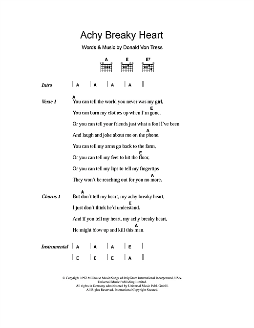 Download Billy Ray Cyrus Achy Breaky Heart Sheet Music and learn how to play Lyrics & Chords PDF digital score in minutes