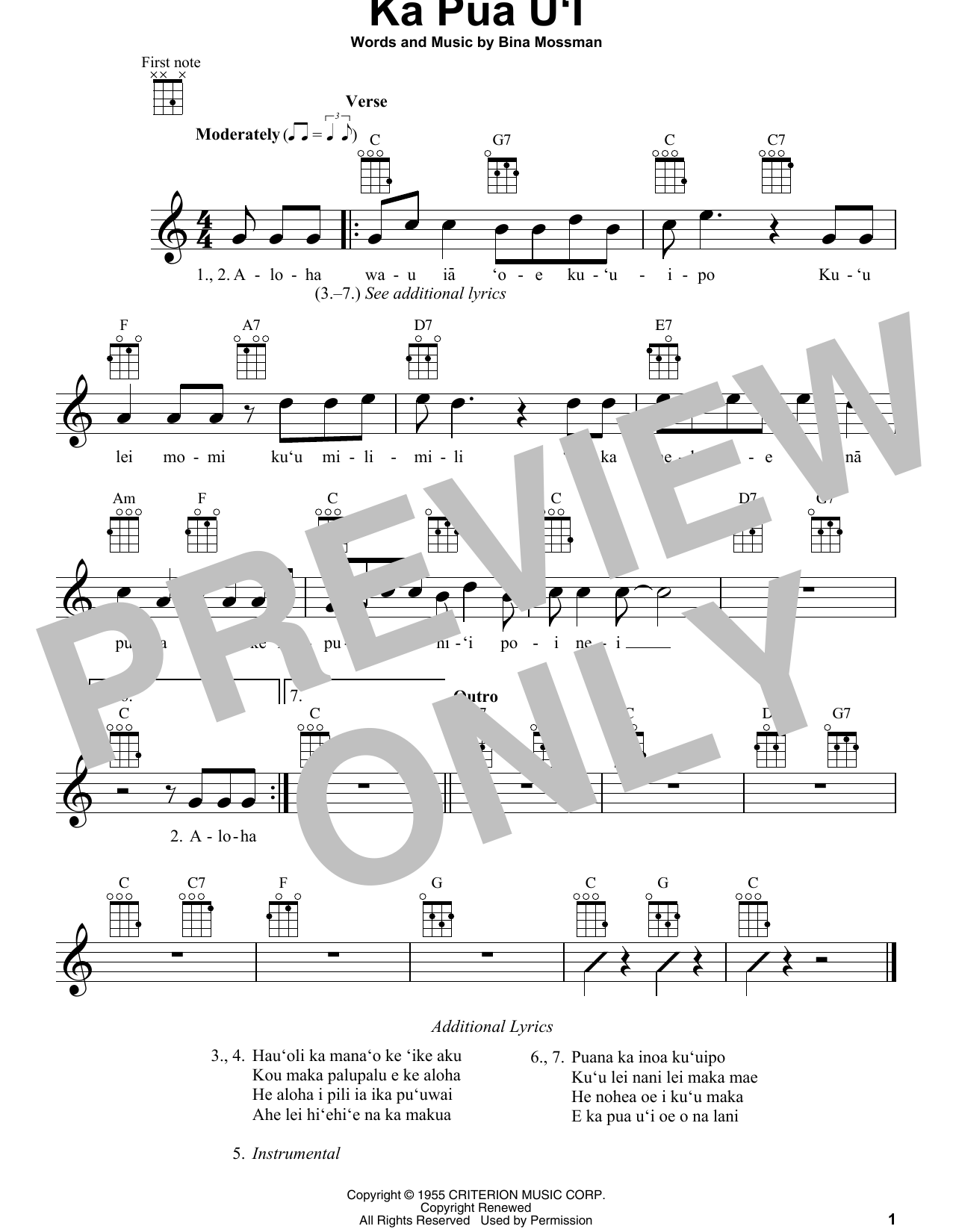 Download Bina Mossman Ka Pua U'I Sheet Music and learn how to play Ukulele PDF digital score in minutes