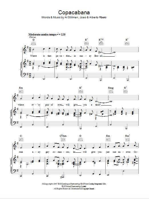 Download Bing Crosby Copacabana Sheet Music and learn how to play Piano, Vocal & Guitar (Right-Hand Melody) PDF digital score in minutes