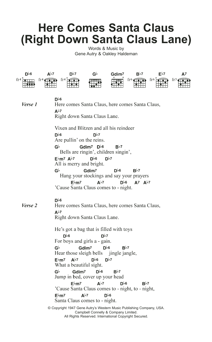 Download Bing Crosby Here Comes Santa Claus (Right Down Santa Claus Lane) Sheet Music and learn how to play Lyrics & Chords PDF digital score in minutes