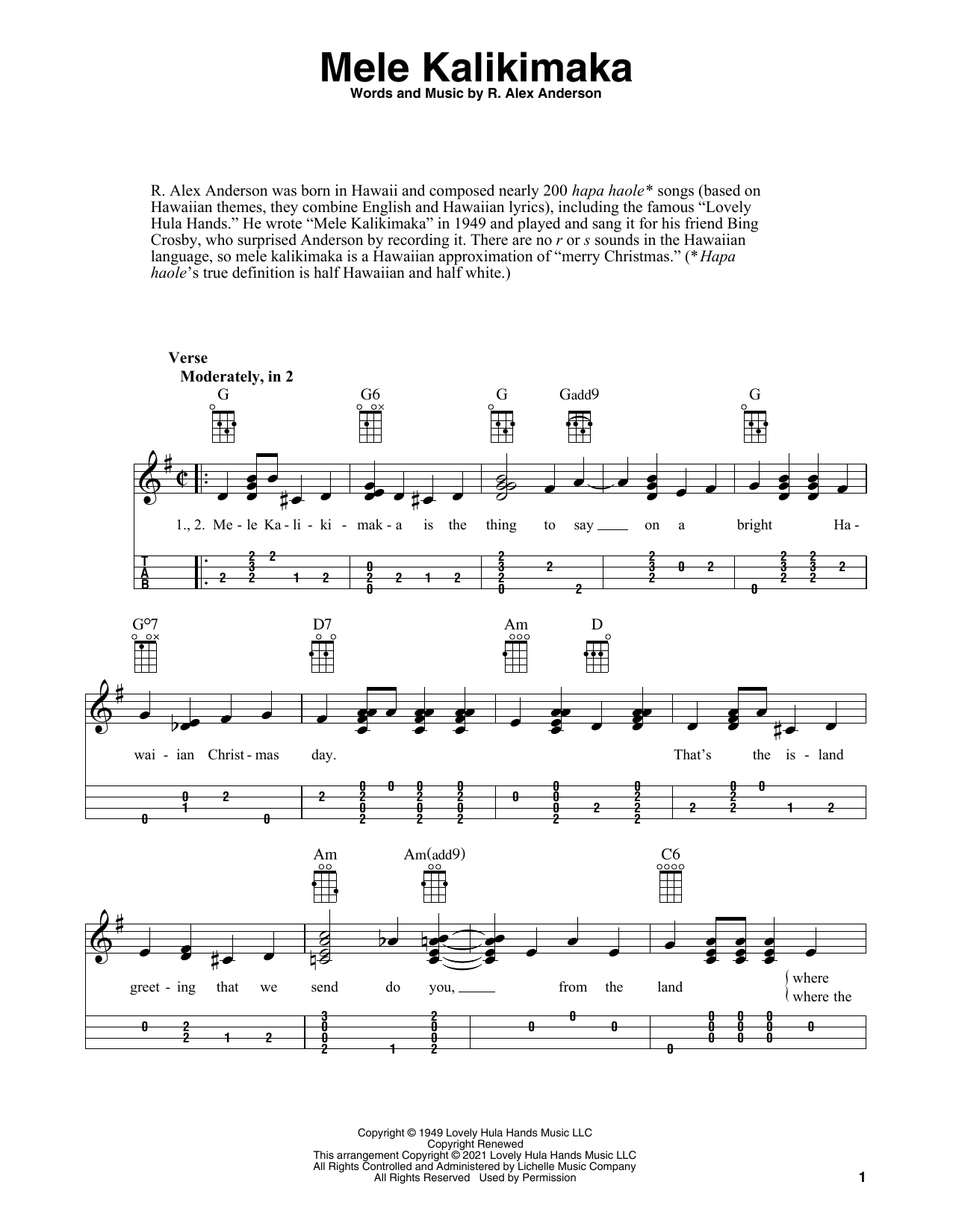 Download Bing Crosby Mele Kalikimaka (arr. Fred Sokolow) Sheet Music and learn how to play Ukulele PDF digital score in minutes