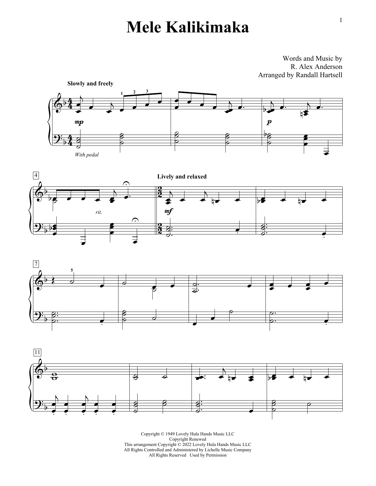Download Bing Crosby Mele Kalikimaka (arr. Randall Hartsell) Sheet Music and learn how to play Educational Piano PDF digital score in minutes
