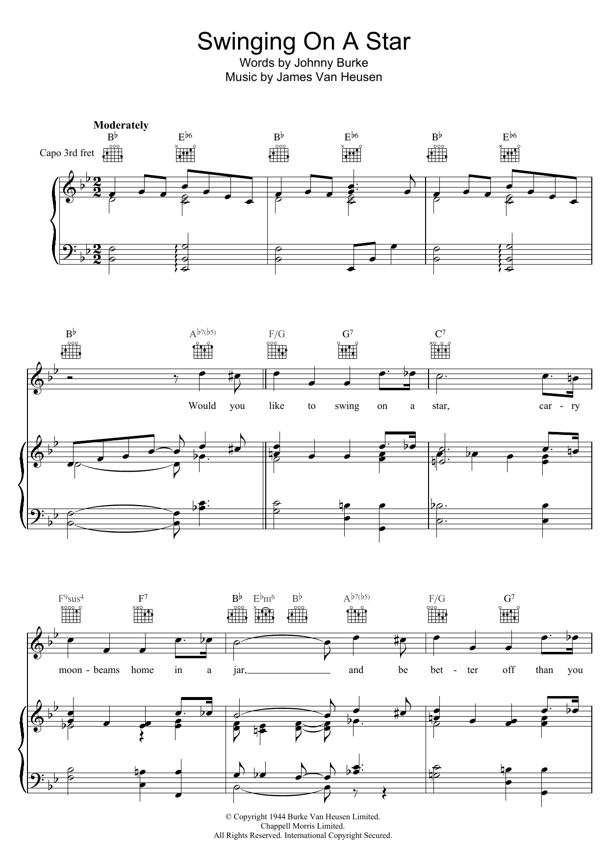 Download Johnny Burke Swinging On A Star Sheet Music and learn how to play Piano, Vocal & Guitar (Right-Hand Melody) PDF digital score in minutes