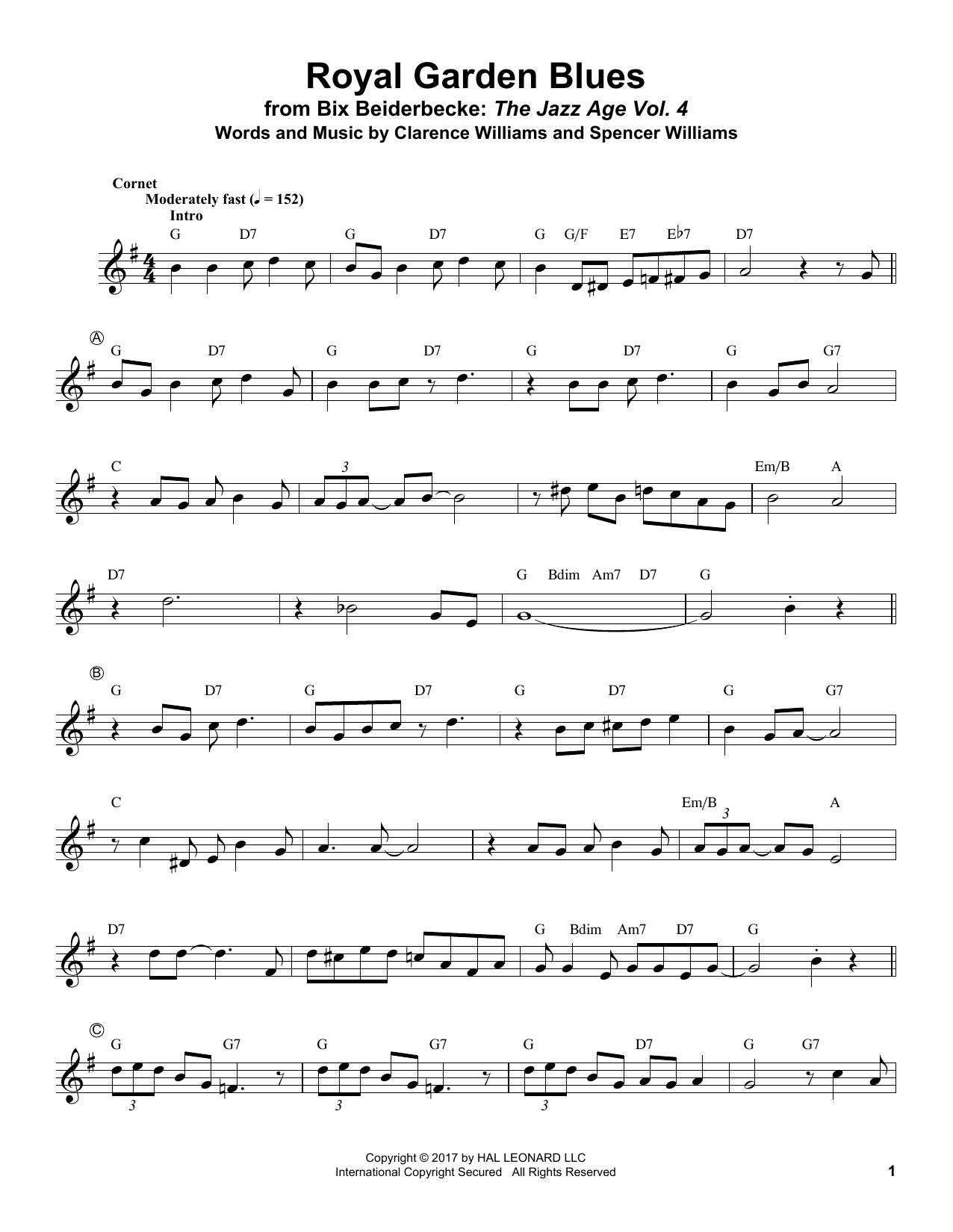 Download Spencer Williams Royal Garden Blues Sheet Music and learn how to play Trumpet Transcription PDF digital score in minutes