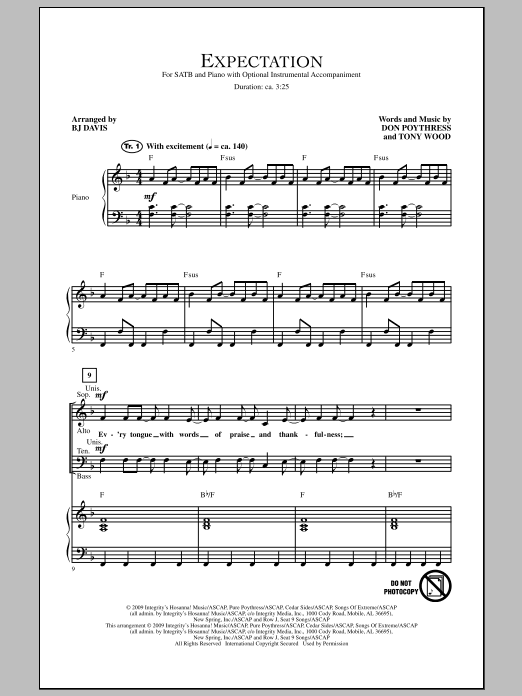 Download BJ Davis Expectation Sheet Music and learn how to play SATB Choir PDF digital score in minutes
