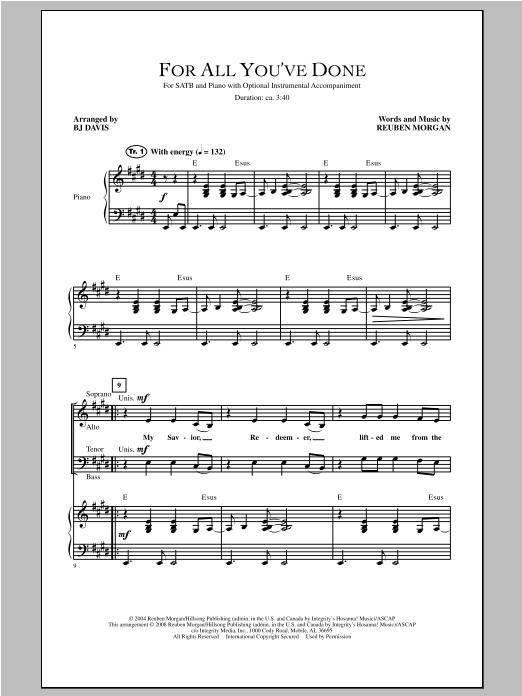 Download BJ Davis For All You've Done Sheet Music and learn how to play SATB PDF digital score in minutes