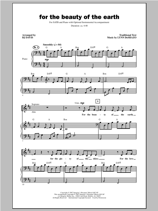 Download BJ Davis For The Beauty Of The Earth Sheet Music and learn how to play SATB PDF digital score in minutes