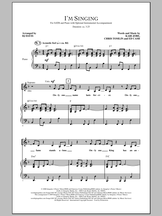 Download BJ Davis I'm Singing Sheet Music and learn how to play SATB Choir PDF digital score in minutes