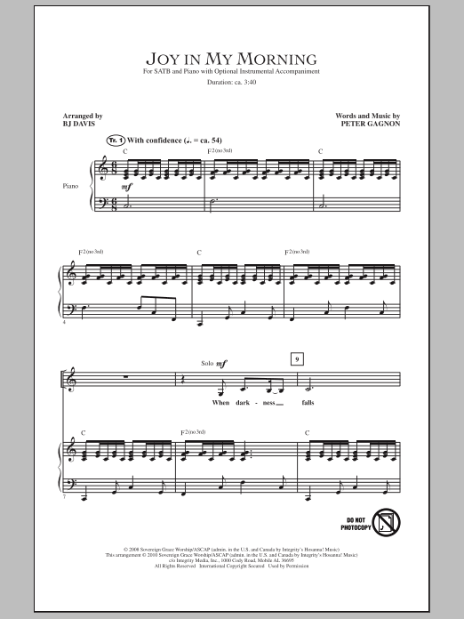 Download BJ Davis Joy In My Morning Sheet Music and learn how to play SATB Choir PDF digital score in minutes