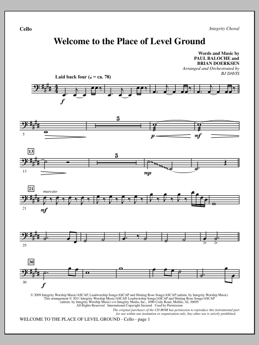 Download BJ Davis Welcome To The Place Of Level Ground - Cello Sheet Music and learn how to play Choir Instrumental Pak PDF digital score in minutes