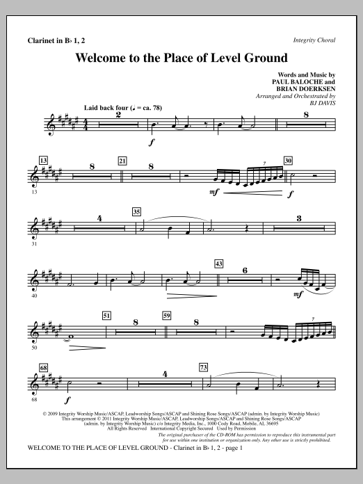 Download BJ Davis Welcome To The Place Of Level Ground - Clarinet 1 & 2 Sheet Music and learn how to play Choir Instrumental Pak PDF digital score in minutes