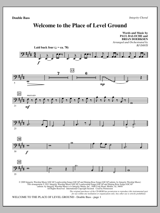 Download BJ Davis Welcome To The Place Of Level Ground - Double Bass Sheet Music and learn how to play Choir Instrumental Pak PDF digital score in minutes